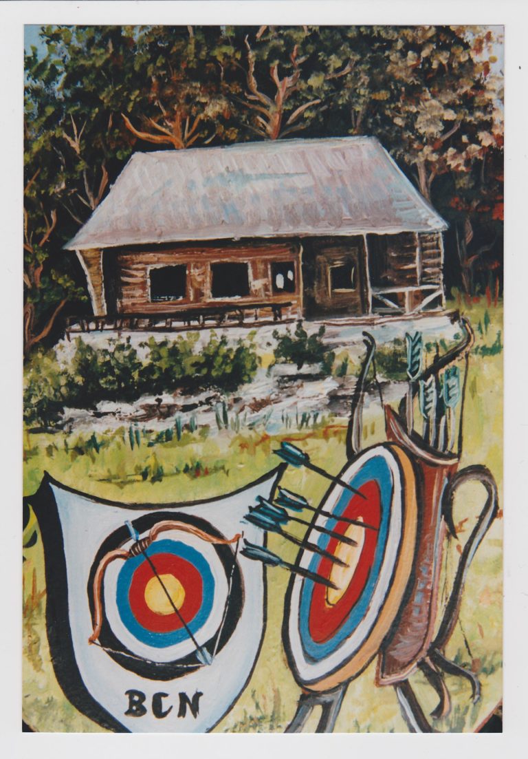 Tradition Bogensport / altes Bild des BSC mit der Vereinshütte